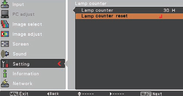 Eiki_LC-XBL20_projector_lamp_replacement_Sanyo_POA-LMP132_LampCounter