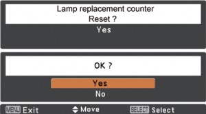 Sanyo PLC-XR201/PLC-XR251 Lamp Counter Lamp Reset Screen 3, Sanyo POA-LMP132 (service parts no 610 345 2456)  