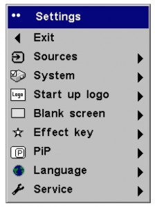 ASK Proxima DP-2000X projector settings menu, ASK Proxima SP-LAMP-007